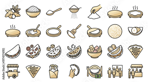 Tapioca Brazilian Food Icon Set in Line Style. A collection of linear icons showing preparation steps, including cassava, flour, cooking, crepes, fillings, snack, street food