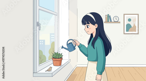 A gentle Flat Design illustration of a cute anime girl watering a potted houseplant by a window. This modern vector artwork symbolizes nurturing, home care, and a connection with nature indoors.