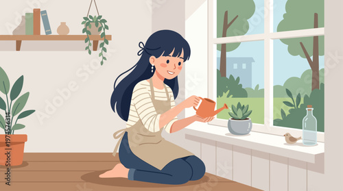 A gentle Flat Design illustration of a cute anime girl watering a potted houseplant by a window. This modern vector artwork symbolizes nurturing, home care, and a connection with nature indoors.