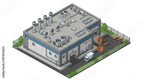 Isometric industrial building with loading dock and industrial supplies outside