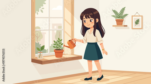 A gentle Flat Design illustration of a cute anime girl watering a potted houseplant by a window. This modern vector artwork symbolizes nurturing, home care, and a connection with nature indoors.