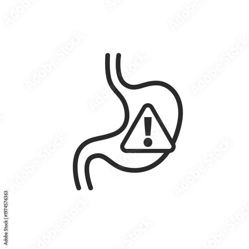 Line icon of stomach with warning sign representing digestive issues, stomach pain, gastrointestinal problems, and digestive disorders. Medical symbol suitable for healthcare, nutrition, and wellness 