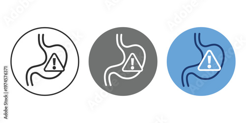 Line icon of stomach with warning sign representing digestive issues, stomach pain, gastrointestinal problems, and digestive disorders. Medical symbol suitable for healthcare, nutrition, and wellness 
