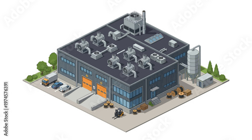 Isometric industrial building illustration with loading docks and manufacturing equipment