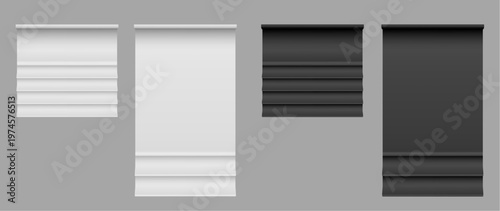 Realistic 3d window blinds set isolated on background. Vector illustration of white and black textile roller shades, open and closed vertical jalousie, modern home or office interior curtain designs