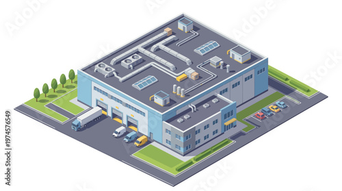 Modern industrial building with loading docks and parked vehicles, showcasing efficient logistics and commercial operations from an isometric perspective