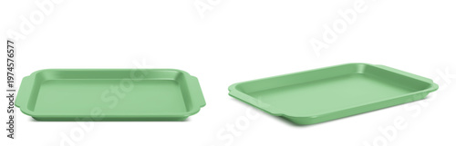 Empty plastic lunch tray with handles for cafeteria meals, angle side view, 3D realistic vector illustration isolated on white background. Green isometric mockup for fast food service design