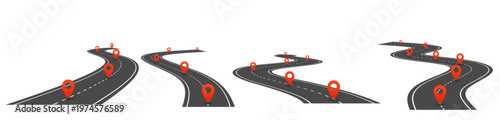 Winding highway road with infographic 3D isometric location pins, asphalt track or route with target signs. Vector roadmap illustration, zig zag path for journey, navigation concept design isolated