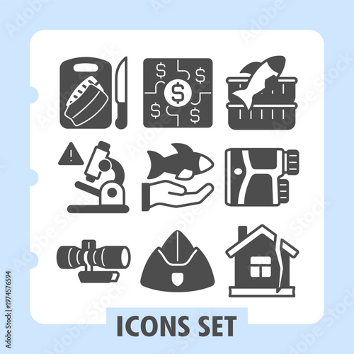 Set of nine glyph icons representing diverse finance, science, home, fishery and marine concepts, designed for use on white background. Ideal for web, digital projects and print media.
