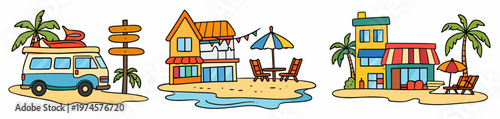 Three small summer travel scenes showing camper van, fishing boat cottage and beach cafe. Coastal road trip and vacation icon set on transparent background.
