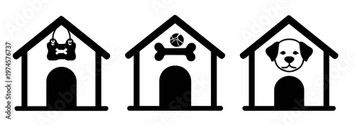 Set of black dog house icons with bone, paw and puppy face details, isolated on a white background. Playful vector collection for pet shop logos, kennel labels, grooming and dog care design.