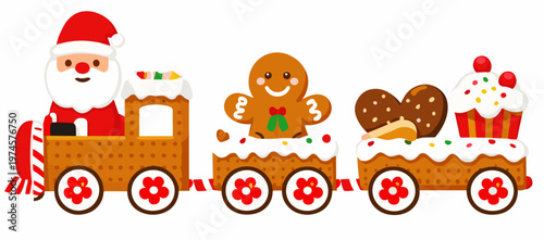 A cute Christmas train carries Santa, gingerbread cookies, and festive desserts in a playful vector scene. Holiday clipart isolated on a transparent background for seasonal greeting designs.