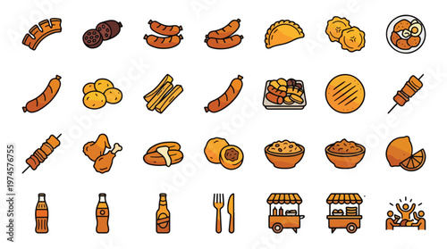Colombian Street Food Icon Set in Filled Line Style. A collection of food icons including chorizo, empanada, arepa, morcilla, potato, chuzo, soda, beer, food cart, and more. Editable Stroke.