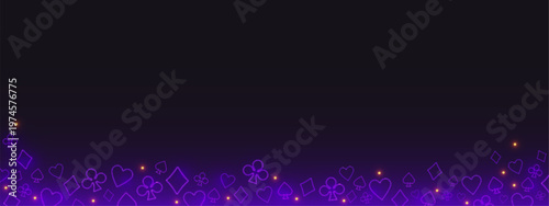 Neon online gambling casino border, purple poker card signs glowing on dark background. 3D Vegas blackjack game banner with futuristic design and outline symbols, vector illustration