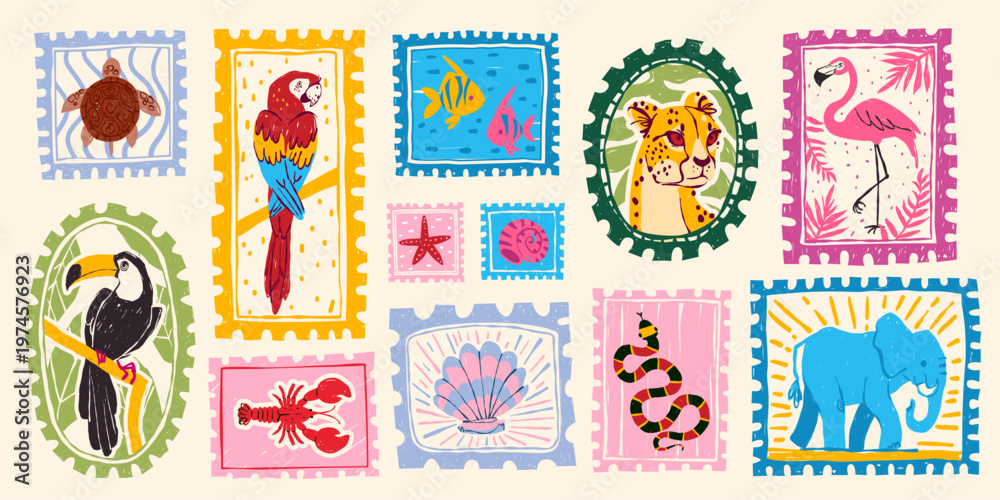 Fototapeta premium Vintage summer hand drawn postage stamps with tropical beach elements, postcard frames,vector sticker illustrations. Exotic vacation motifs with flamingo, retro travel designs and coastal prints.