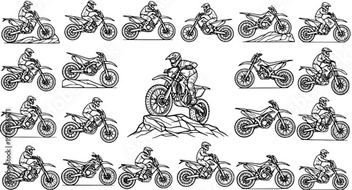 Motocross Dirt Bike Riders Line Art Set. Collection of black and white outline drawings depicting extreme motor sports, adventure, and recreational motorcycle.