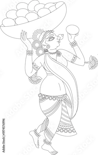 	
Lord's Servant, Gopika, or Sevika, has drawn in Indian folk art, Kalamkari style. Pattachitra from Osiasha, India. for textile printing, logo, and wallpaper.	
