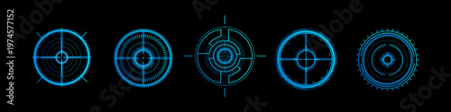Futuristic optical aim HUD frames set isolated on black background. Vector realistic illustration of neon blue targeting interface, digital design elements, sci-fi tech holographic circles for game ui