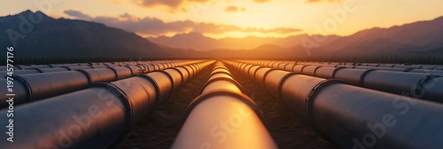 a vast desert landscape, overwhelming global oil supply uncertainty, endless empty oil pipelines stretch to the horizon