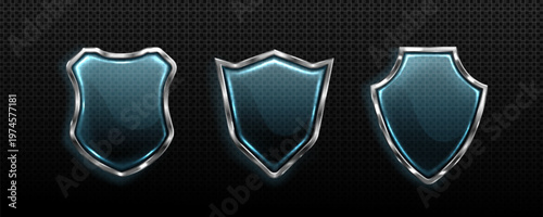 Set of 3D glass shields isolated on transparent background. Vector realistic illustration of protection icon with neon blue glow effect and silver frame, security symbol for medical insurance banner