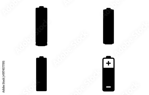Four distinct black battery vector illustrations with one showing polarity symbols for power and energy.