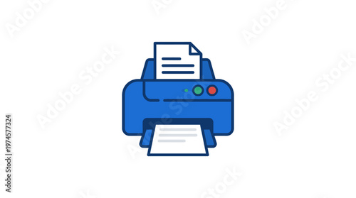Blue office printer with paper.