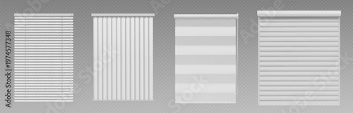 Realistic 3D white venetian blinds, vector mockup isolated on transparent background. Modern window horizontal shutter, textile roller shades, closed vertical jalousie, office or home interior design