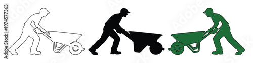 Silueta de trabajador con carretilla, conjunto de iconos de construcción y jardinería, ilustración vectorial de obrero empujando carga