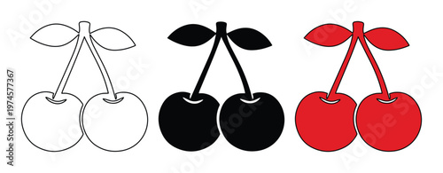 Cerezas en estilo minimalista, iconos de frutas dulces en tres variantes, ilustración vectorial de cereza roja y silueta negra