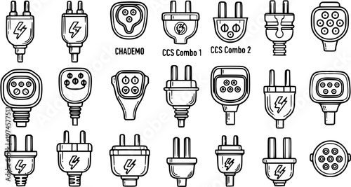 Electric Vehicle EV Charging Plugs, Power Connectors, and Adapters Line Art Icons Set. Global Electrical Standards for Energy Technology