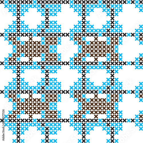 Blue and brown cross stitch pattern with repeating geometric