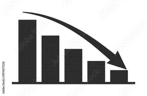 Gráfico de barras descendente con flecha hacia abajo, icono de crisis económica y pérdida financiera, ilustración de fracaso empresarial