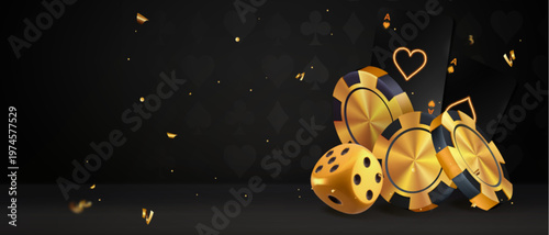 Luxurious casino background with gold chips, dice and poker cards, falling confetti on elegant black vector backdrop. VIP gambling tournament banner, premium gaming invitation border, poster template