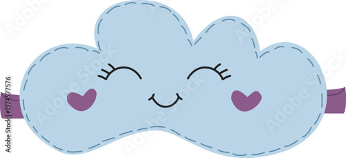Cute blue cloud-shaped sleep mask with a sleeping face vector illustration. Pajama party concept. Kawaii eye mask with a smiling face and hearts on the cheeks, isolated on a white background.