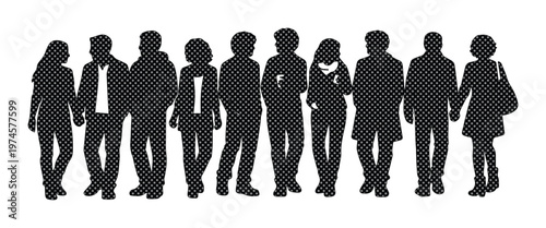 Siluetas de personas caminando en grupo, conjunto de figuras humanas negras sobre fondo blanco, multitud de hombres y mujeres en estilo vector