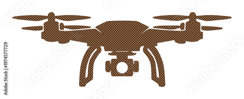 Dron de fotografía aérea con cámara, silueta de cuadricóptero profesional en color marrón, icono vectorial de aeronave no tripulada para logística y vigilancia
