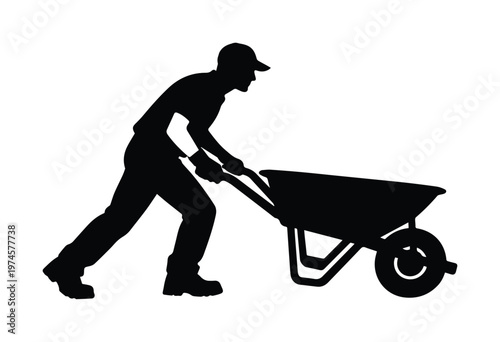 Silueta de trabajador con carretilla, hombre empujando equipo de construcción, perfil de obrero manual en color negro sólido