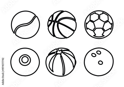 Iconos de pelotas de deporte en estilo lineal, conjunto de 6 balones deportivos vectoriales, ilustraciones de contorno negro para diseño