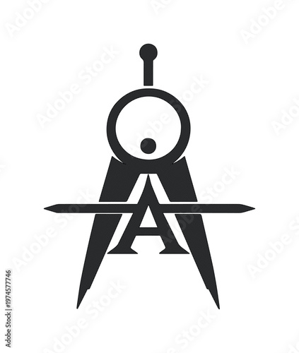Logotipo de compás de dibujo técnico con letra A, símbolo de arquitectura e ingeniería geométrica, icono vectorial minimalista negro