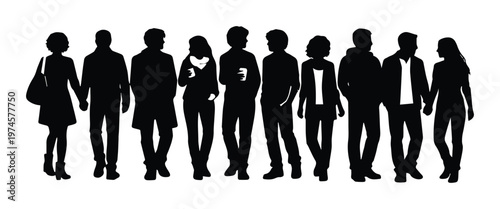 Siluetas de personas caminando en grupo, conjunto de figuras humanas negras sobre fondo blanco, multitud de hombres y mujeres en vector