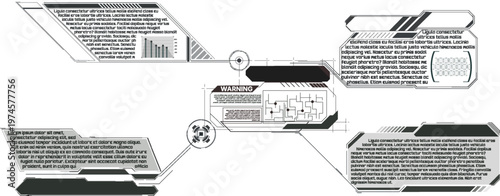 Set of futuristic user interface elements. Sci-fi HUD design with data charts, text boxes, and warning sign. Monochromatic black and gray graphics isolated on a white background. 