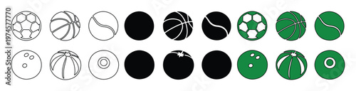 Iconos de pelotas de deporte, colección de 18 elementos vectoriales en estilo lineal, silueta negra y color verde, set de balones deportivos