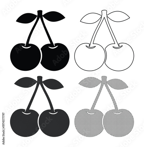 Cerezas en estilo minimalista, conjunto de 4 iconos de cereza en formato vectorial, ilustración de fruta dulce para diseño gráfico y logotipos