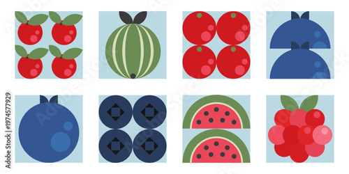 Geometric berry pattern with blue and red berries in minimalist flat style. Abstract vector fruit icons for seamless backgrounds, packaging design, or modern decorative elements.