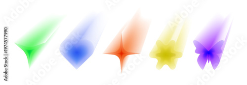 Y2k aesthetic aura icons with gradient shapes and neon color, 3d abstract vector holographic stars, flowers isolated on white background. Retro 2000s design with soft blur, glowing butterfly and heart