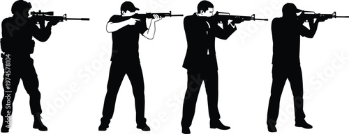 Set of soldier and secret agent silhouettes, men aiming assault rifles, tactical military combat poses, armed security personnel vector icons, shooter silhouettes.