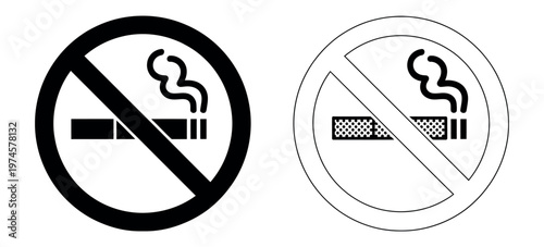 Vector art of no smoking sign with cigarette in red circle and diagonal line black and white outline for public safety and prohibition graphics