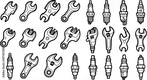 Black and White Line Art of Various Wrenches and Spark Plugs for Automotive Industry