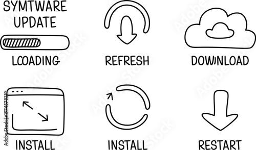 Hand-drawn black and white set featuring software update, loading bar, refresh, cloud download, window resize, install, and restart symbols with text labels on a plain white background