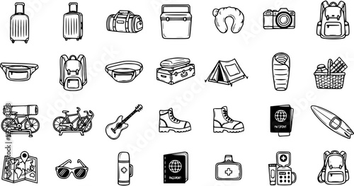 Travel icons: backpack, luggage, tent, camera, boots, guitar, passport, surfboard, bicycle, map, sunglasses, thermos, first aid kit, sleeping bag, picnic basket, travel pillow, suitcase